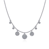 This 14k white gold diamond disc necklace features one half carats of round brilliant diamonds set along a 14k white gold link chain.