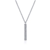 This 14k white gold diamond bar necklace hung vertically.