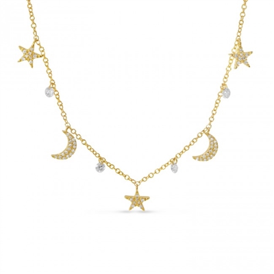 This 14k yellow gold diamond necklace features diamond moons and stars.