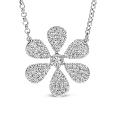A beautiful diamond pave flower necklace featuring nearly one half carats of round brilliant diamond shine.