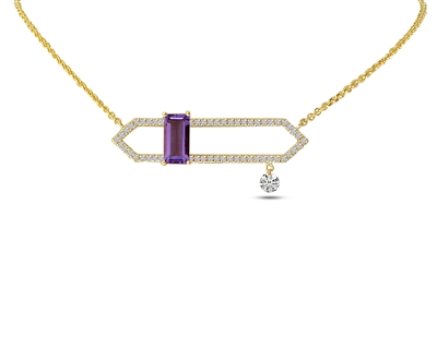 This fashion necklace makes a statement in 14k yellow gold with a diamond drop and purple amethyst.