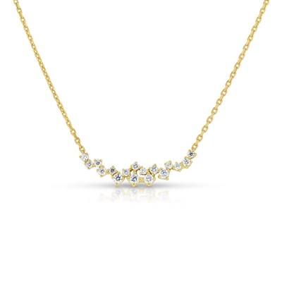 A 14k yellow gold scattered bar diamond necklace with natural round brilliant diamonds.