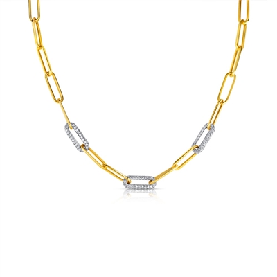 A 14k yellow gold paperclip link necklace with diamonds.