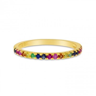 This 14k yellow gold rainbow sapphire ring glistens with round sapphire stones in every color of the rainbow.