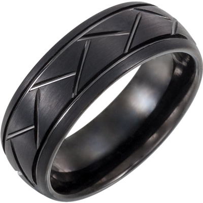 This black tungsten men's wedding band is patterned.