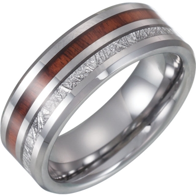 Tungsten and Meteorite Inlay with wood wedding band.
