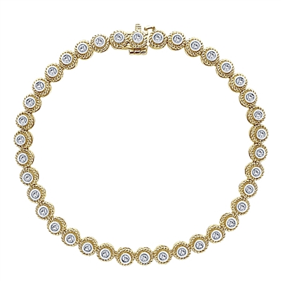 Round brilliant diamonds shimmer from within 14k yellow gold rope bezels in this diamond tennis bracelet.