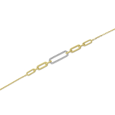 This 14k yellow gold paperclip link bracelet features a center diamond paperclip link.