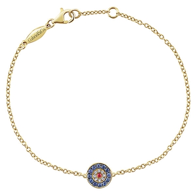 This evil eye bracelet features diamonds and sapphires with a gorgeous center ruby to ward off the bad fashion omens! All in 14k yellow gold!
