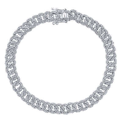 In 14k white gold, this diamond link tennis bracelet features smooth links of white gold overlaid with pave set diamonds for a gorgeous and diamond encrusted look with 3.52 carats of round diamond shine!