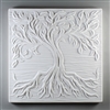 A large square tile made of white ceramic. The carved texture shows a large tree with its leaves taking up the top half and its roots occupying the bottom half. Behind the tree are a few barely raised lines as a simple background.