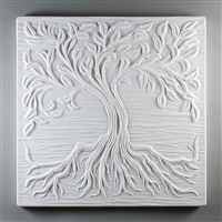 A large square tile made of white ceramic. The carved texture shows a large tree with its leaves taking up the top half and its roots occupying the bottom half. Behind the tree are a few barely raised lines as a simple background.