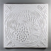 A large square tile made of white ceramic. The carved texture shows a curved koi around a lotus-like flower and lily pads in the center. There are watery waved lines surrounding the koi and foliage, and a small dragonfly at each corner facing inwards.