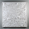 A large square tile made of white ceramic. The carved texture has a variety of leaf shapes and sizes scattered about along with a few acorns. The entire tile has a thin line around the border.