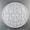 A circular tile made of white ceramic. The carved texture is occupied entirely by the design of a single snowflake with a thin border around the outside. The snowflake is intricate with many branches and lines in its pattern.