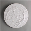 A circular tile made of white ceramic. The carved texture has two mermaids swimming around the edge, with a scattering of starfish and shells between them. There are gently raised waved lines around them that spiral towards the center.