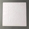 A square tile made of white ceramic. The carved texture shows a stylized sitting cat in the center with a sun to its right. The sun's center has a flower and the cat has various flower designs on its body. There are lines and dots radiating from the sun.