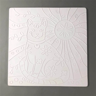 A square tile made of white ceramic. The carved texture shows a stylized sitting cat in the center with a sun to its right. The sun's center has a flower and the cat has various flower designs on its body. There are lines and dots radiating from the sun.