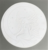A circular tile made of white ceramic. The carved texture has a winged fairy sitting on a thin crescent moon facing right. Her face is in profile as she faces left. The background around her has a scattering of raised stars.