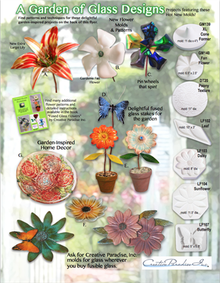 A single page flyer titled A Garden of Glass Designs. The background is an out of focus garden, and there are various pictures of glass flowers on the left with pictures of the molds used to make them on the right.