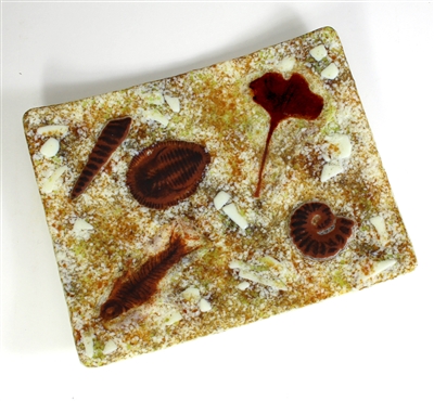 A top-down view of a glass tray. The tray is decorated with different colors and sizes of glass to mimic tan conglomerate stone. There are five dark brown fossils placed in the dish- cone shell, trilobite, gingko leaf, ammonite, and fish.