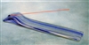 An incense burner made from fused glass. It is long and thin, with a raised hump at one end holding a red stick of incense. The glass is streaked white, blue, and clear, and it is displayed on a blue and grey background.