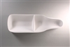 A bottle-shaped white ceramic mold for fusing glass on a grey background. The outer edges curve upwards, giving the mold a bowl-like shape. There is a raised divider a bit less than halfway down the mold.