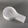 A tall white ceramic mold for fusing glass on a grey background. The mold is shaped like a spoon with a very wide bowl portion. The bowl portion is carved gently inwards into a flat center circle. The handle is raised slightly and flares out at the end.