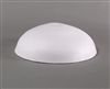 A side view of a circular white ceramic mold for fusing glass on a grey background. It has been shaped into a dome with a flat circle at the very top.