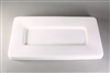 A rectangular white ceramic mold for fusing glass on a grey background. There is a wide flat border around the edge surrounding a shallow flat rectangular cavity in the center.
