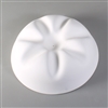 A circular white ceramic mold for fusing glass on a grey background. It is raised up like a dome, though the very top has a circular depression surrounded by seven evenly spaced ridges that extend slightly down the sides.