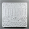 A square tile made of white ceramic for texturing hot glass. The tile has four patterns in four horizontal segments. The top is repeating crescent segments, below is a bamboo-like pattern, below are swirling lines, and at the bottom are repeating zigzags.