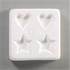 A square, white ceramic mold for fusing hot glass on a grey background. Two small hearts and two small stars, evenly spaced apart, have been carved into it, with the hearts at the top and stars at the bottom. The mold has LF09 engraved in the middle.