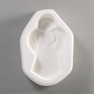 A white ceramic mold for fusing hot glass on a grey background. A simple angel has been carved into it. The angel has a round halo around their head and arms curved together in front of their body. LF25 is carved into the side of the mold.