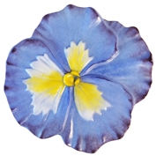 A vividly colored fused glass pansy flower on a transparent background. The outsides of the petals are a light purple with darker purple at the edges and the insides are white with bright yellow fading outwards from their bases. The center is also yellow.