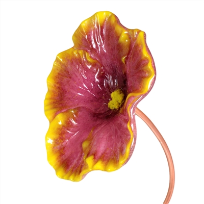 A fused glass hibiscus flower on a copper tube stem on a white background. The flowerâ€™s petals are a light red with bright yellow outsides. The center is the same shade of yellow. The flower has been shaped to cup like a real flower.