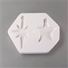 A roughly hexagonal white ceramic mold for fusing hot glass on a grey background. Two different stars with ornament caps have been carved into it. The right star has five points, the left eight. The ornament caps have posts in the middle to hang from.