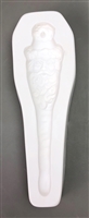 A long white ceramic mold for fusing hot glass on a grey background. A Santa face with a long beard tapering into an icicle has been carved into it. There is a post in the hat allowing for hanging after firing.