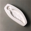 A long white ceramic mold for fusing hot glass on a grey background. A single realistic feather with what looks like a wrapped base has been carved into it. The wrapped base opens up into a circle with a post in it allowing for threading after firing.