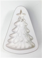 A triangular white ceramic mold for fusing hot glass on a grey background. A detailed Christmas tree topped with a five-point star has been carved into it. There is a post just below the star to allow for hanging after firing.