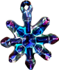 A fused glass snowflake ornament hanging in front of a transparent background. The ornament has a faceted design filled with different bright blues and purples. The colors are all transparent, allowing light to shine through.