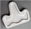 A T-shaped white ceramic mold for fusing hot glass on a grey background. A simple flat easel shape with a long back part and two slightly curved arms on either side has been carved into it.