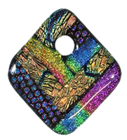 A square fused glass pendant with a hole in the top corner to allow for stringing into jewelry. The base glass is black but it has been covered in different rectangular strips of reflective dichroic glass in various patterns and colors.