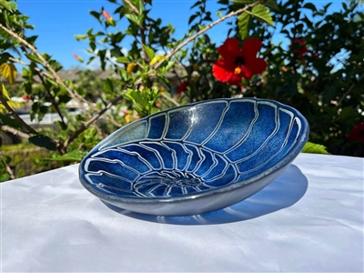An off-center bowl made of fused glass. The glass has been carefully created into a nautilus shell pattern using blue and clear glass. The shellâ€™s center spiral aligns with the off-center base of the bowl. It rests on a table in a well-lit garden.