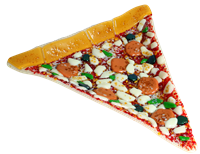 A triangular dish made from fused glass. It has been decorated to look like a slice of pizza with pepperoni, olives, and green peppers. Each component has been made from an appropriately colored and shaped piece of glass.