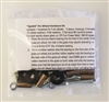 A square plastic package containing several small pieces of hardware and a paper with instructions for their use. There are bronze spacers, black neoprene washers, metal washers, and screws visible.