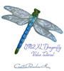 A large, fused glass dragonfly on a white background. Its body is opaque green and blue, and its wings are transparent light blue with small pieces of clear iridescent glass throughout them. LF182 XL Dragonfly Video Tutorial is written below it in script.