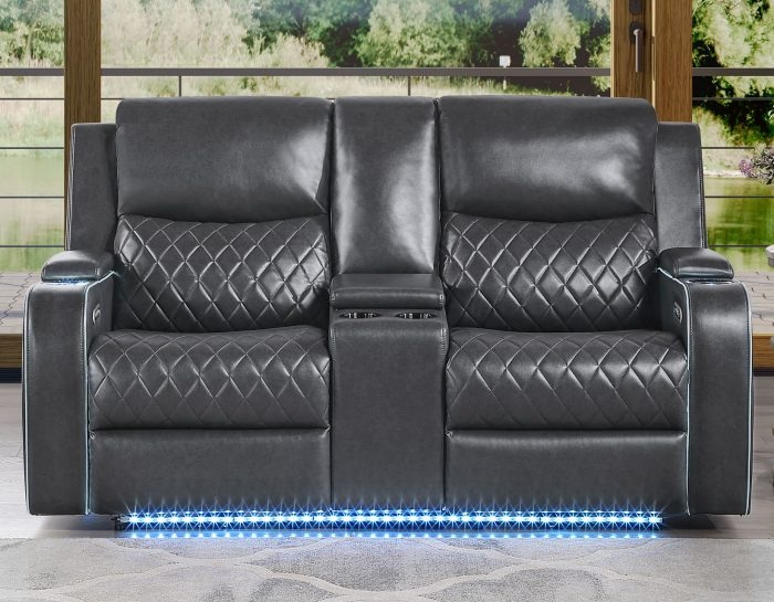 Luna Home Cinema Power Reclining Console Loveseat, Charcoal Vegan Leather