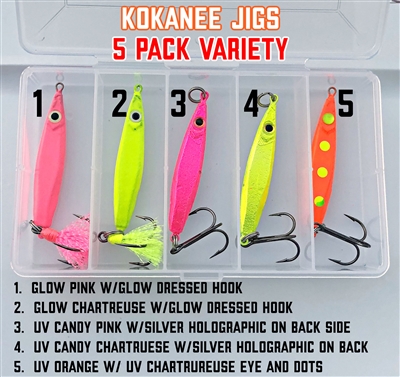 Variety Pack/5 Each 3/4oz Kokanee Jigs/5 Jigs Plus Plastic Box