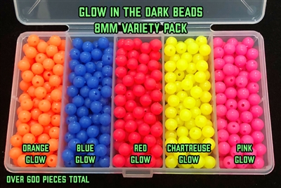 Variety Pack of Over 500 8mm Glow (Luminous)Round Beads in Plastic Storage Box